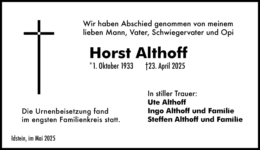  Traueranzeige für Horst Althoff vom 03.05.2025 aus Idsteiner Land/Untertaunus