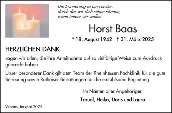 Traueranzeige von Horst Baas von Wormser Zeitung