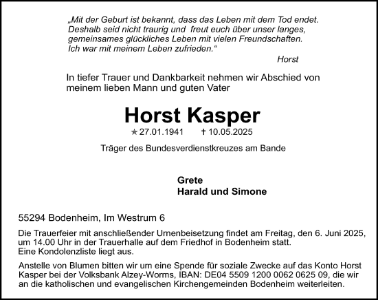 Traueranzeige von Horst Kasper von Allgemeine Zeitung Mainz