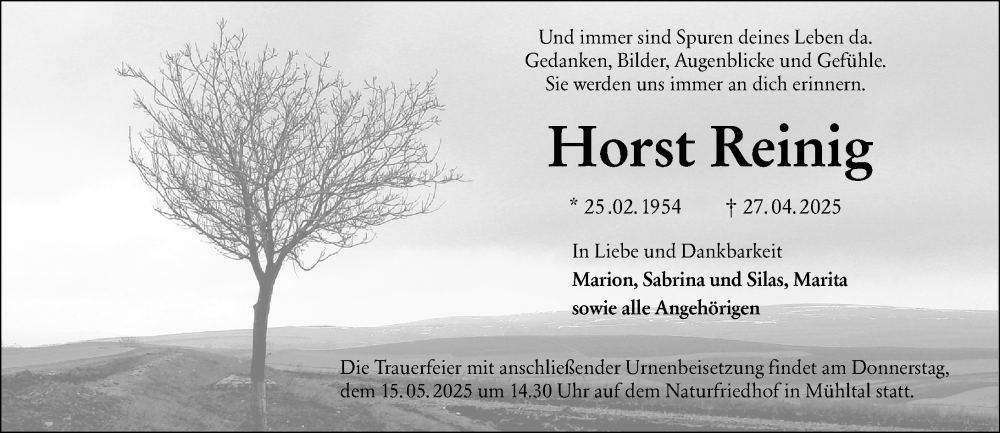 Traueranzeige für Horst Reinig vom 10.05.2025 aus Darmstädter Echo