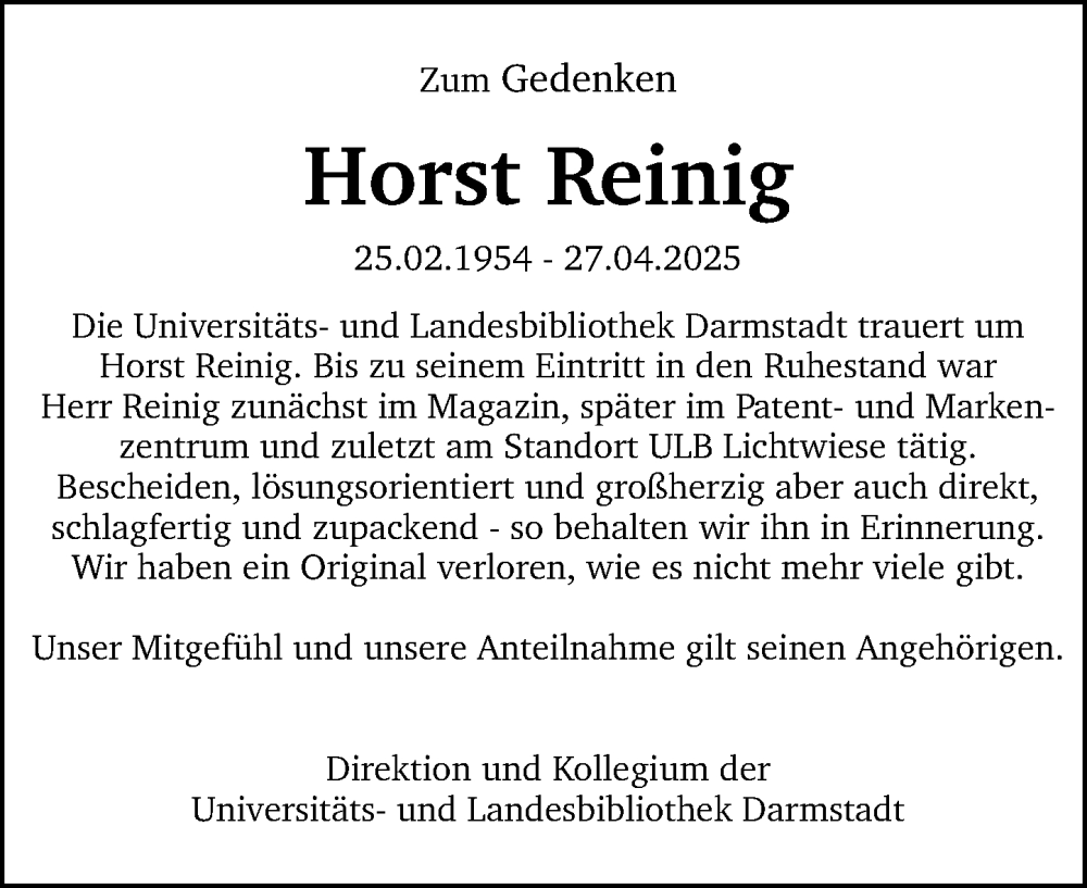  Traueranzeige für Horst Reinig vom 17.05.2025 aus Darmstädter Echo