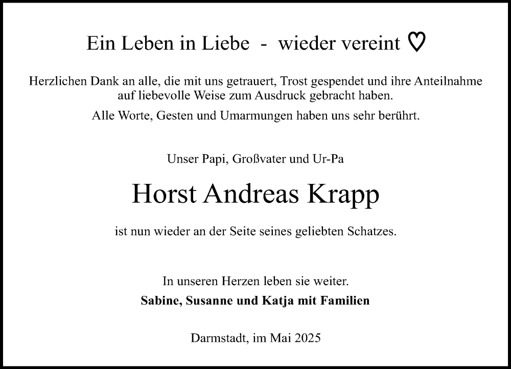  Traueranzeige für Horst Andreas Krapp vom 10.05.2025 aus Darmstädter Echo