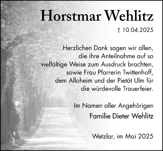 Traueranzeige von Horstmar Wehlitz von Wetzlarer Neue Zeitung
