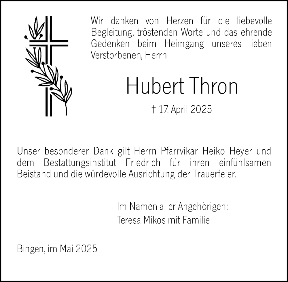  Traueranzeige für Hubert Thron vom 31.05.2025 aus Binger-/Ingelheimer Wochenblatt