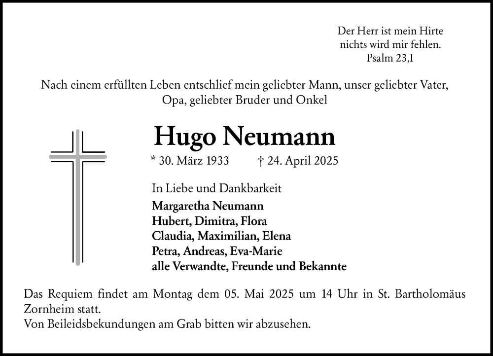  Traueranzeige für Hugo Neumann vom 03.05.2025 aus Allgemeine Zeitung Mainz