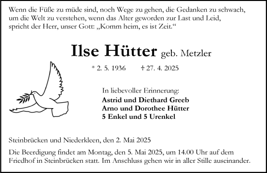 Traueranzeige von Ilse Hütter von Dill Block