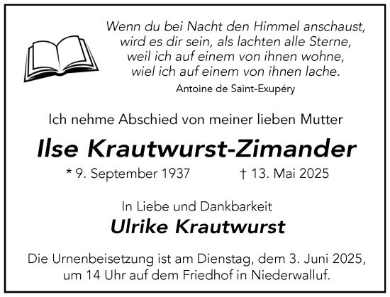 Traueranzeige von Ilse Krautwurst-Zimander von Wiesbadener Kurier