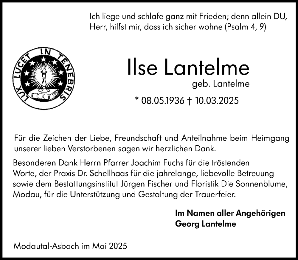  Traueranzeige für Ilse Lantelme vom 17.05.2025 aus Darmstädter Echo