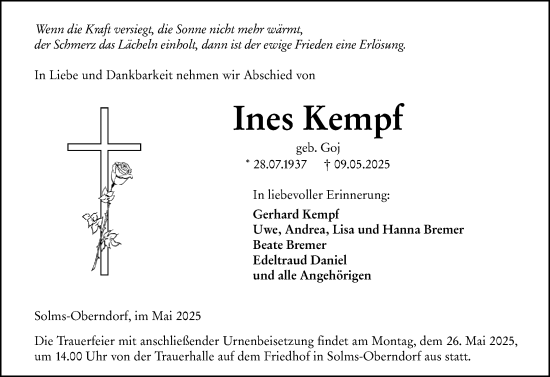 Traueranzeige von Ines Kempf von Wetzlarer Neue Zeitung