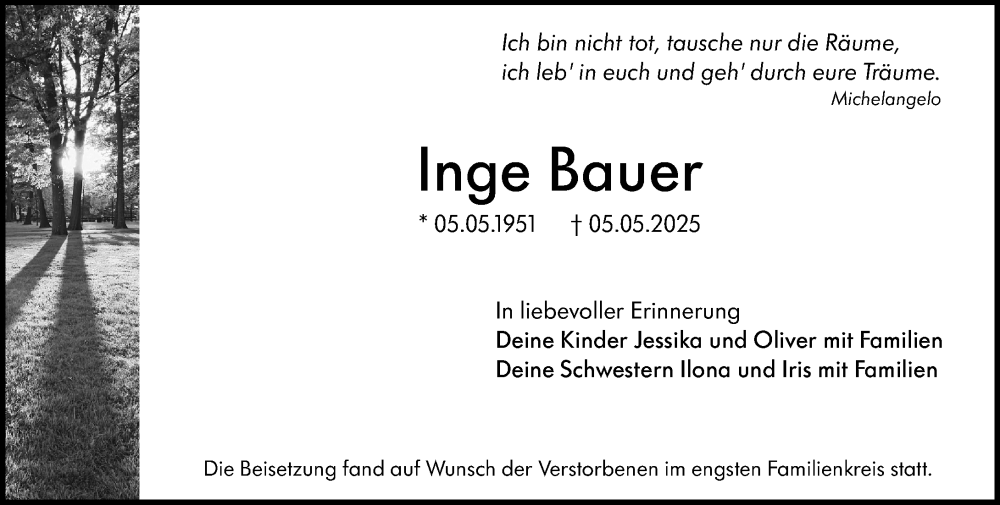  Traueranzeige für Inge Bauer vom 17.05.2025 aus Groß-Gerauer Echo