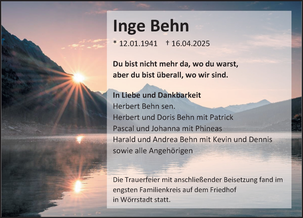  Traueranzeige für Inge Behn vom 03.05.2025 aus Allgemeine Zeitung Alzey