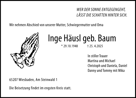 Traueranzeige von Inge Häusl von Wiesbadener Kurier