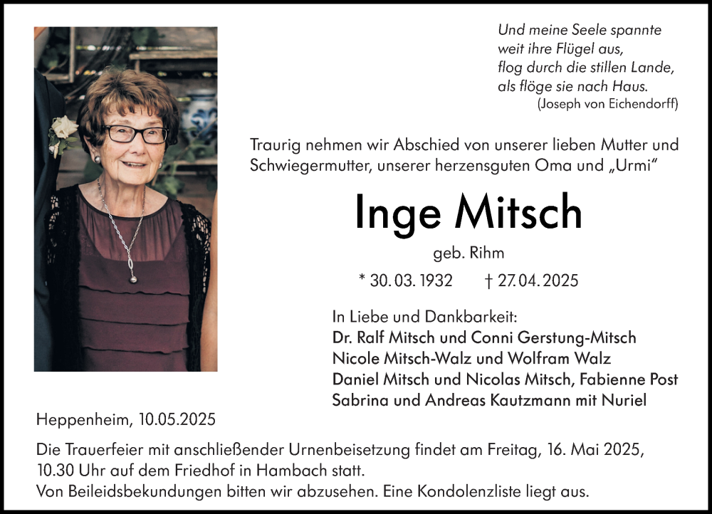  Traueranzeige für Inge Mitsch vom 10.05.2025 aus Starkenburger Echo