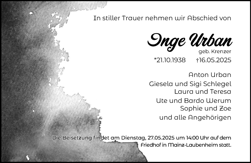  Traueranzeige für Inge Urban vom 24.05.2025 aus Allgemeine Zeitung Mainz