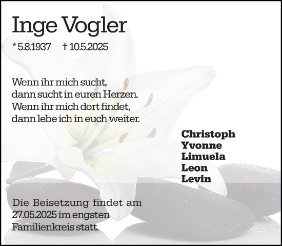 Traueranzeige von Inge Vogler von Hochheimer Zeitung