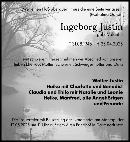 Traueranzeige von Ingeborg Justin von Darmstädter Echo