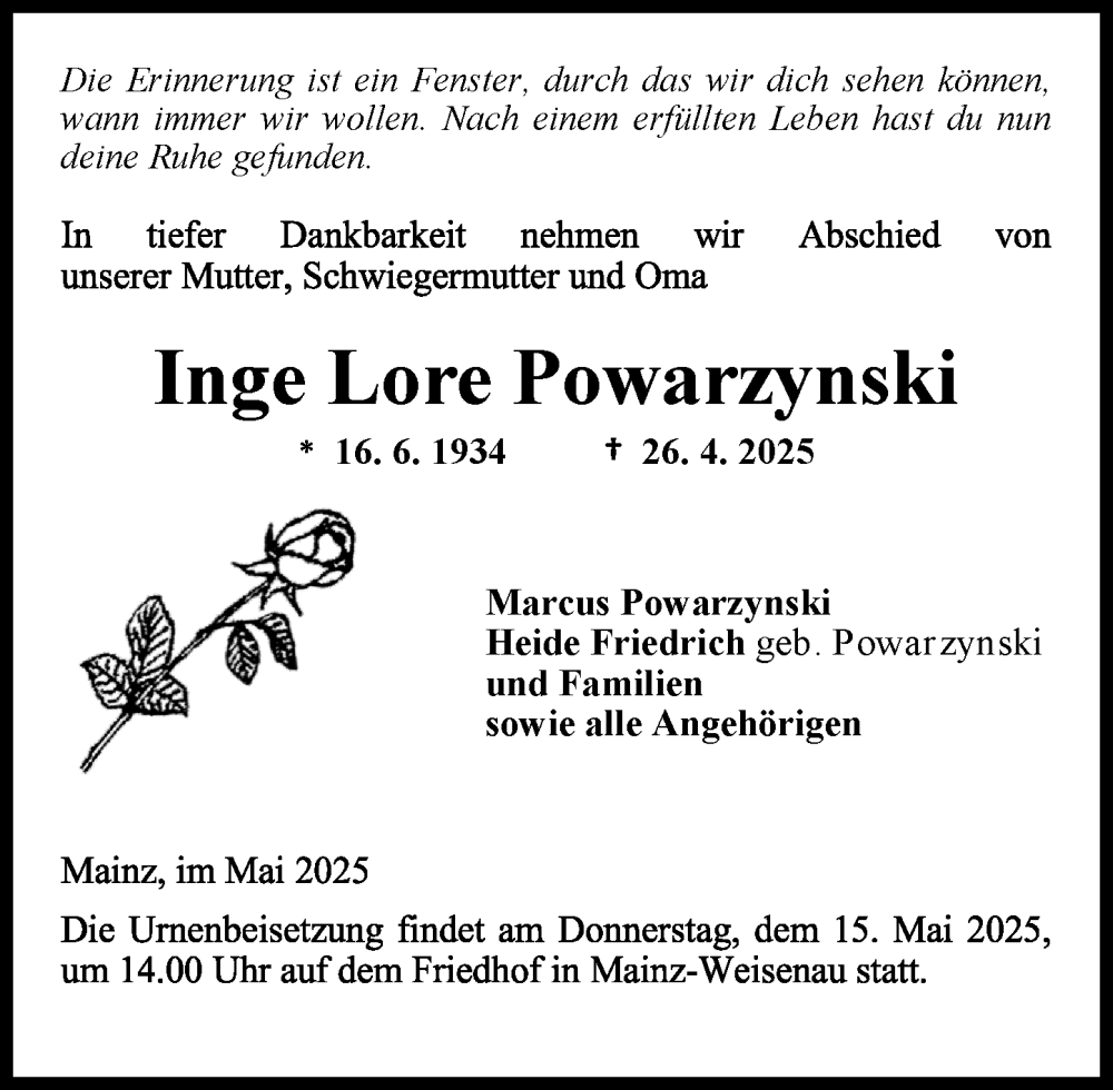 Traueranzeige für Inge Lore Powarzynski vom 03.05.2025 aus Allgemeine Zeitung Mainz