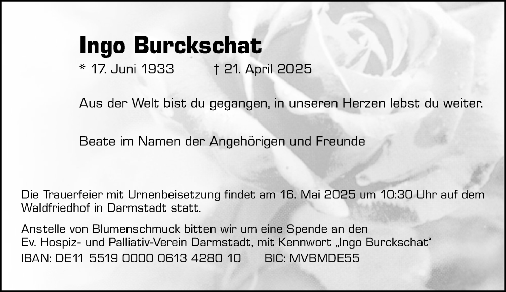  Traueranzeige für Ingo Burckschat vom 03.05.2025 aus Darmstädter Echo