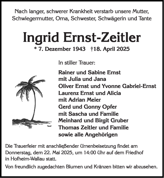 Traueranzeige von Ingrid Ernst-Zeitler von Wiesbadener Kurier