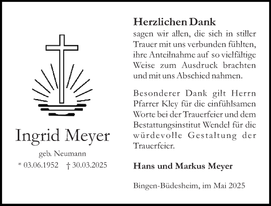 Traueranzeige von Ingrid Meyer von Allgemeine Zeitung Rheinhessen-Nahe