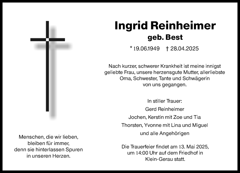  Traueranzeige für Ingrid Reinheimer vom 03.05.2025 aus Groß-Gerauer Echo