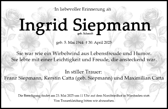 Traueranzeige von Ingrid Siepmann von Wiesbadener Kurier