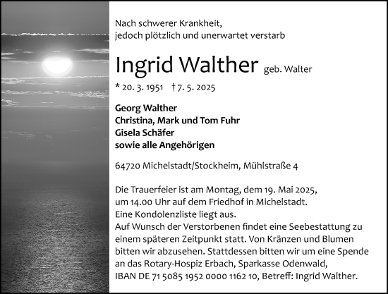 Traueranzeige von Ingrid Walther von Odenwälder Echo