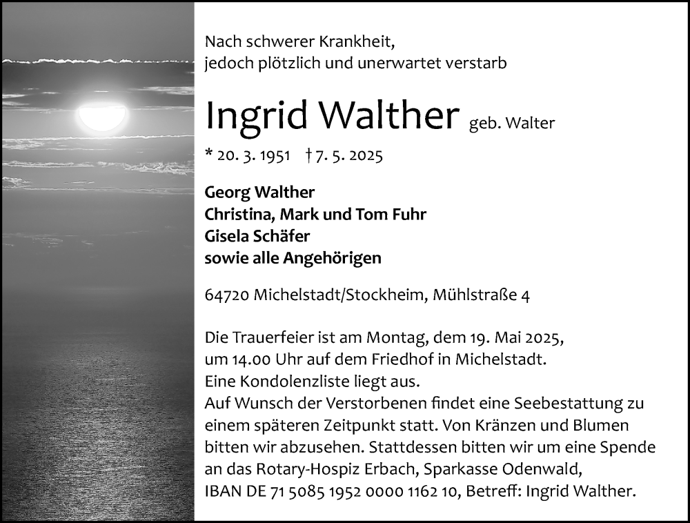  Traueranzeige für Ingrid Walther vom 10.05.2025 aus Odenwälder Echo