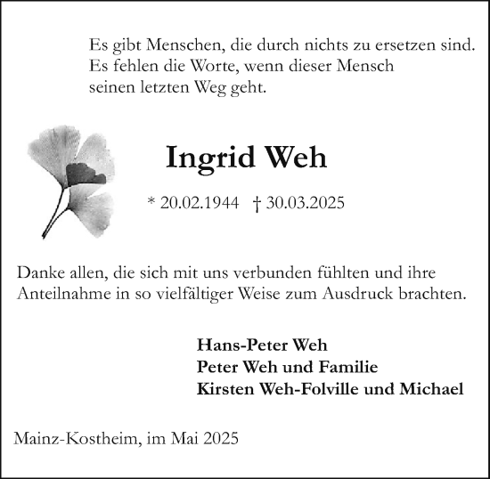 Traueranzeige von Ingrid Weh von Allgemeine Zeitung Mainz