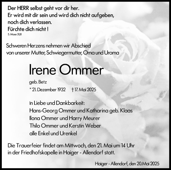 Traueranzeige von Irene Ommer von Dill Block