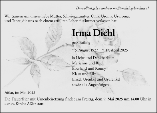 Traueranzeige von Irma Diehl von Wetzlarer Neue Zeitung