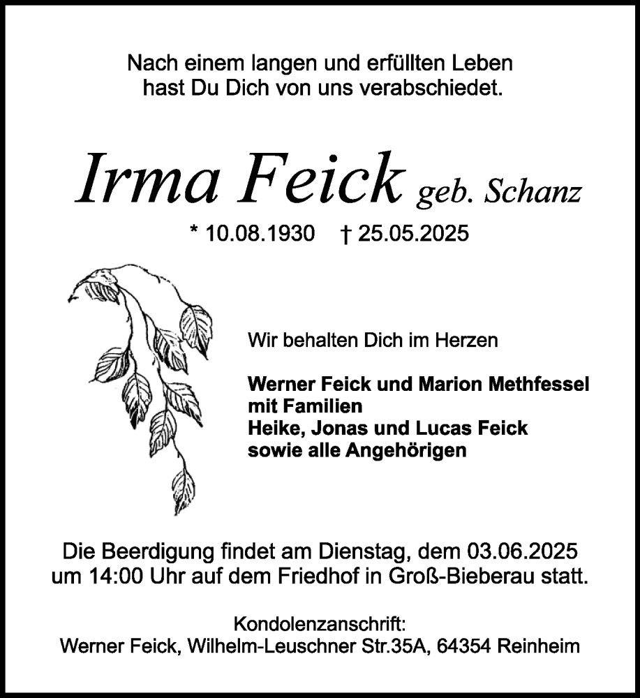  Traueranzeige für Irma Feick vom 31.05.2025 aus Darmstädter Echo