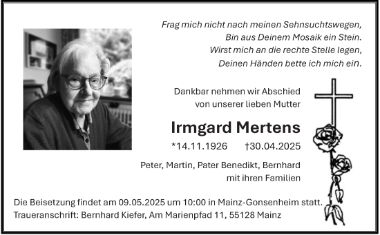 Traueranzeige von Irmgard Mertens von Allgemeine Zeitung Mainz