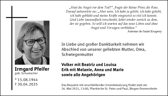 Traueranzeige von Irmgard Pfeifer von Allgemeine Zeitung Rheinhessen-Nahe