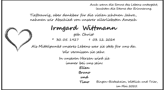 Traueranzeige von Irmgard Wittmann von Allgemeine Zeitung Rheinhessen-Nahe