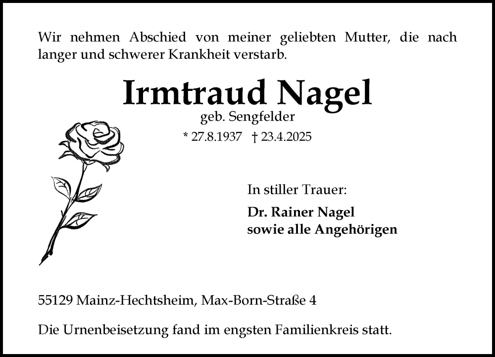  Traueranzeige für Irmtraud Nagel vom 17.05.2025 aus Allgemeine Zeitung Mainz