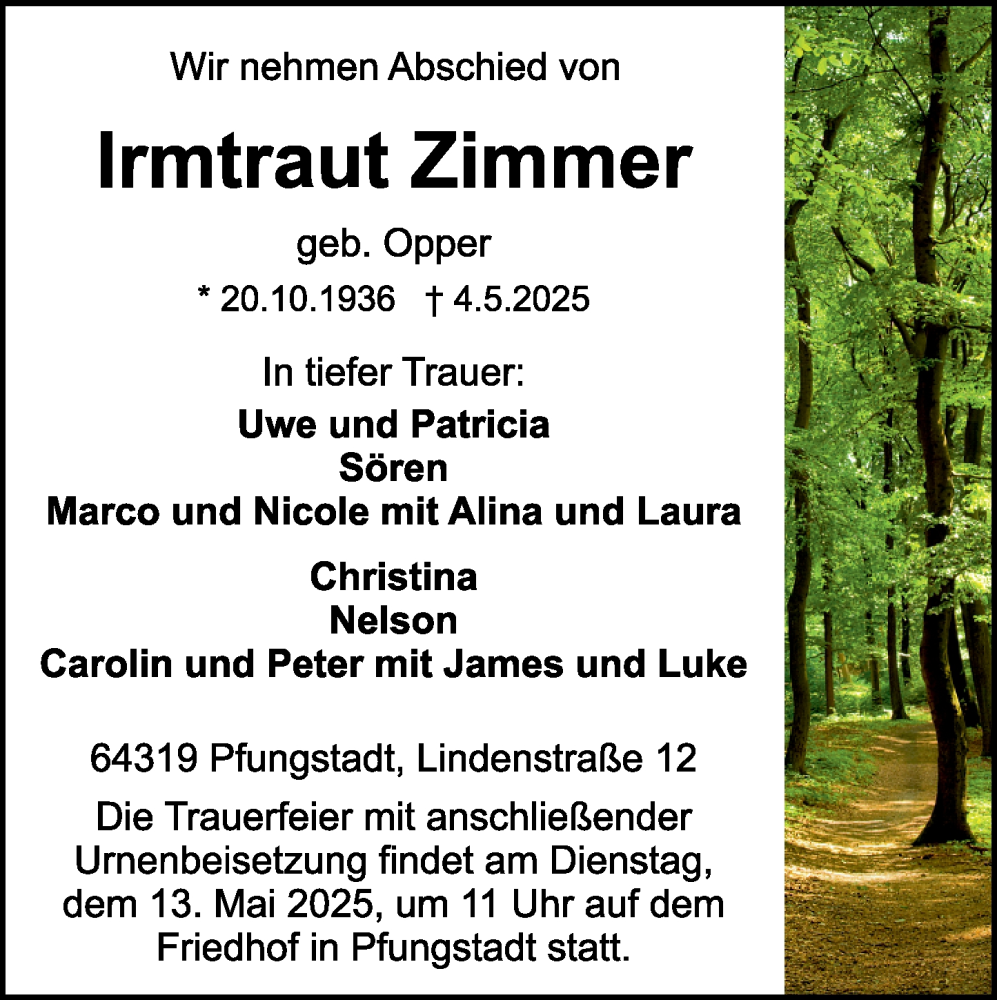  Traueranzeige für Irmtraut Zimmer vom 10.05.2025 aus Darmstädter Echo
