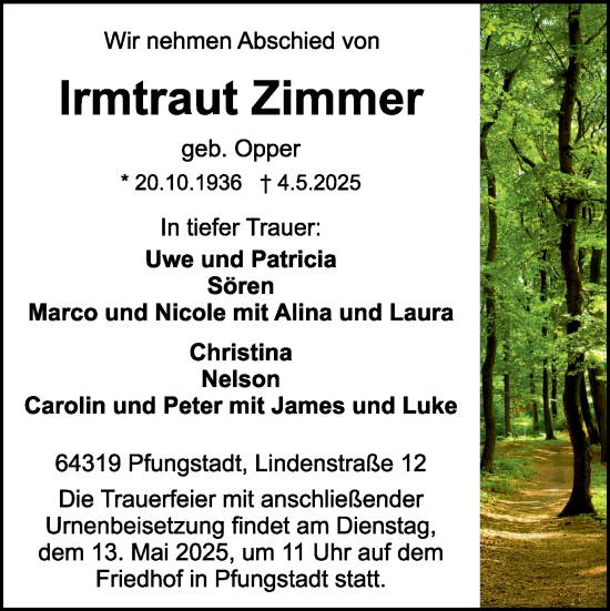 Traueranzeige von Irmtraut Zimmer von Darmstädter Echo