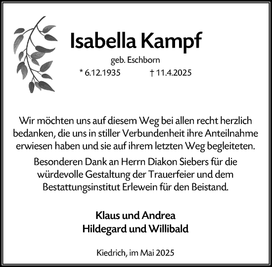 Traueranzeige von Isabella Kampf von Rheingau Kurier
