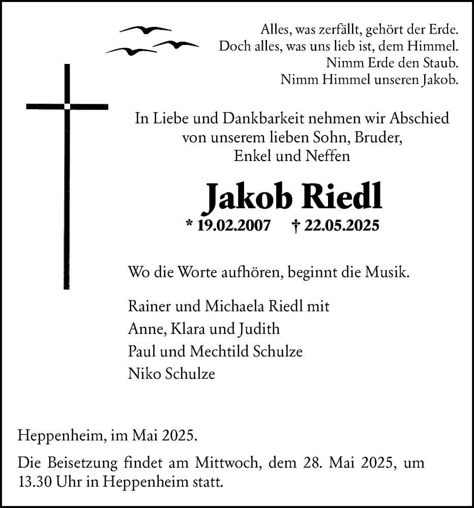  Traueranzeige für Jakob Riedl vom 26.05.2025 aus Starkenburger Echo