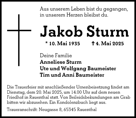 Traueranzeige von Jakob Sturm von Rheingau Kurier