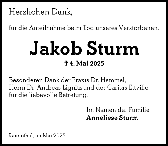 Traueranzeige von Jakob Sturm von Rheingau Kurier
