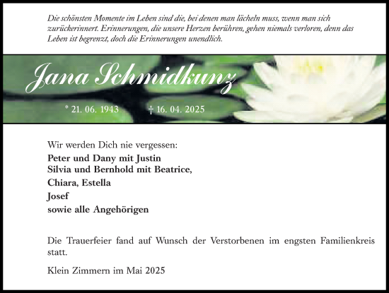 Traueranzeige von Jana Schmidkunz von Dieburger Anzeiger/Groß-Zimmerner Lokal-Anzeiger