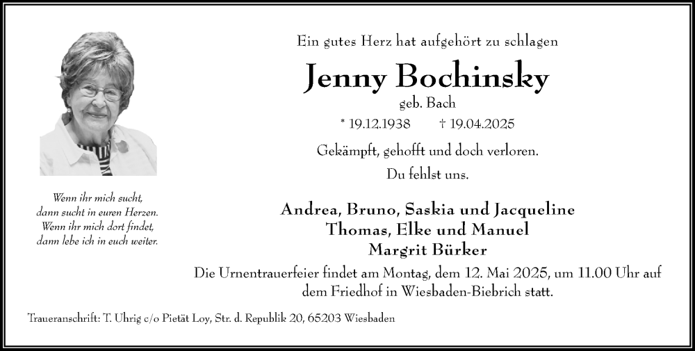  Traueranzeige für Jenny Bochinsky vom 03.05.2025 aus Wiesbadener Kurier