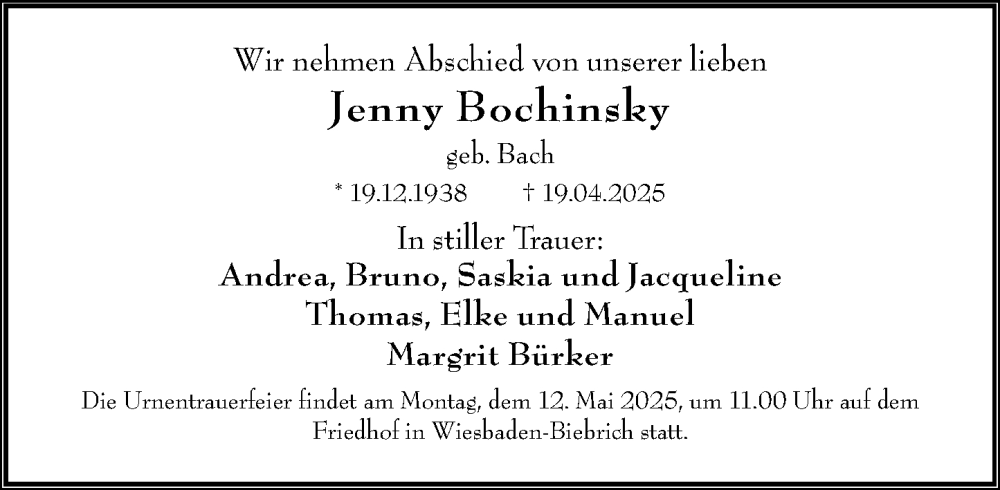  Traueranzeige für Jenny Bochinsky vom 03.05.2025 aus Allgemeine Zeitung Mainz