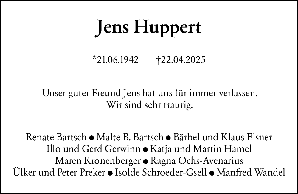  Traueranzeige für Jens Huppert vom 10.05.2025 aus Allgemeine Zeitung Mainz