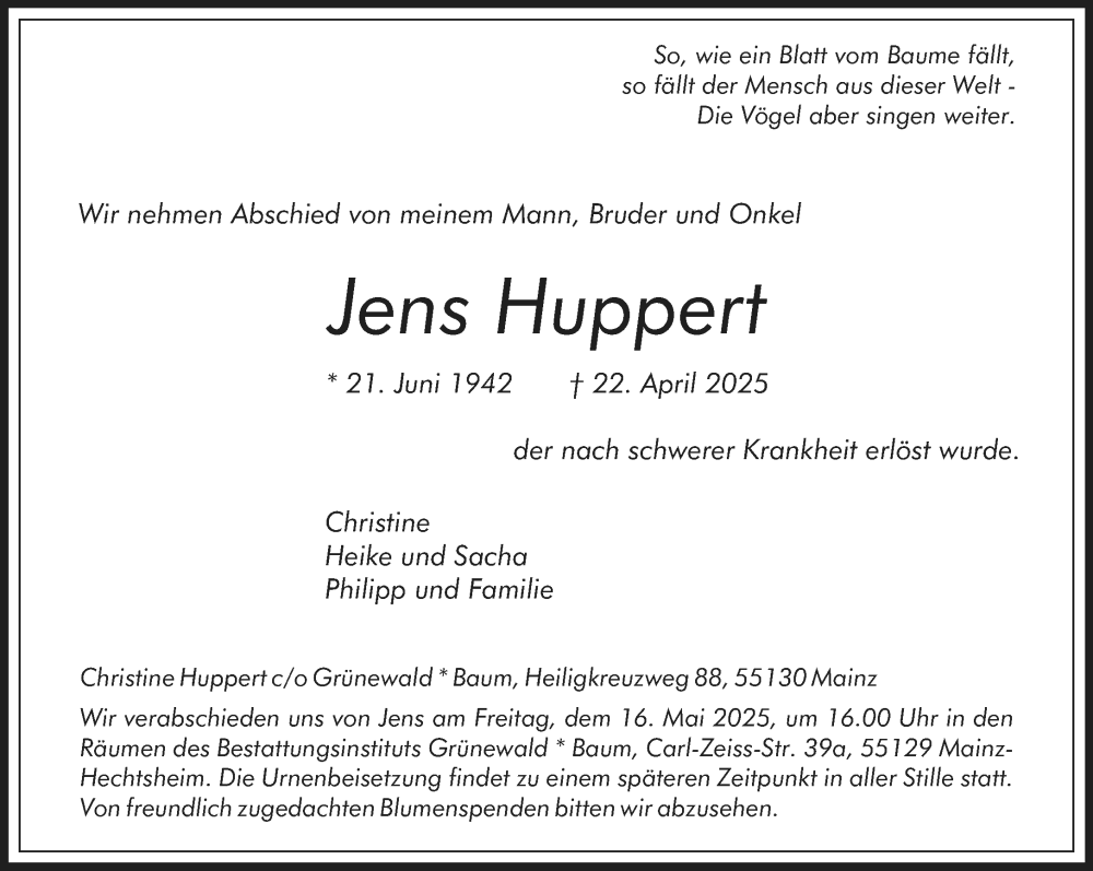  Traueranzeige für Jens Huppert vom 10.05.2025 aus Allgemeine Zeitung Mainz