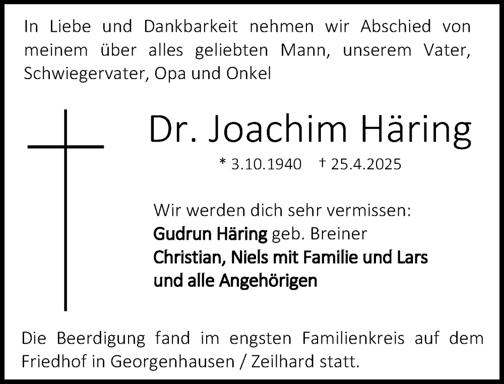  Traueranzeige für Joachim Häring vom 10.05.2025 aus Darmstädter Echo