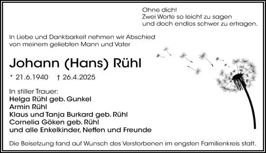 Traueranzeige von Johann Rühl von Wiesbadener Kurier