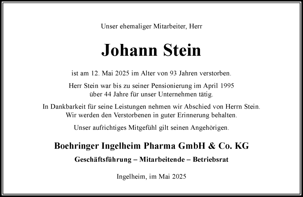  Traueranzeige für Johann Stein vom 23.05.2025 aus Allgemeine Zeitung Rheinhessen-Nahe